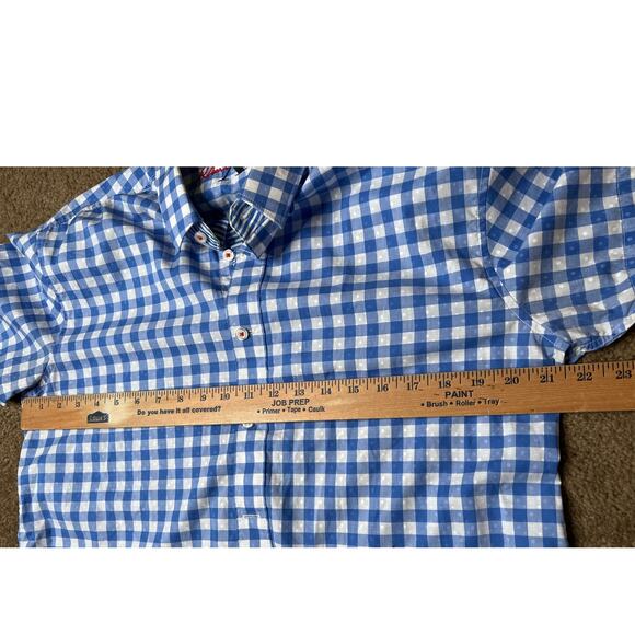 Robert Graham size L shirt, button up plaid blue/white short sleeve office - Picture 4 of 6